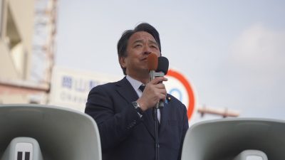 【岡山】「一日でも早く所得制限を撤廃する」原ひろし候補が榛葉幹事長と岡山駅前で街頭演説